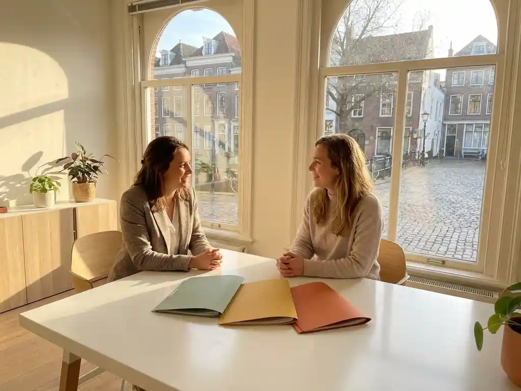 Woman in conversation with coach in modern Utrecht office, three brochures spread out on white desk in warm afternoon light.