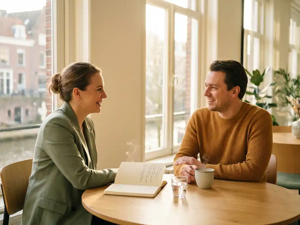 Professional in blazer in conversation with career coach in modern Utrecht office, open notebook and coffee on the table.