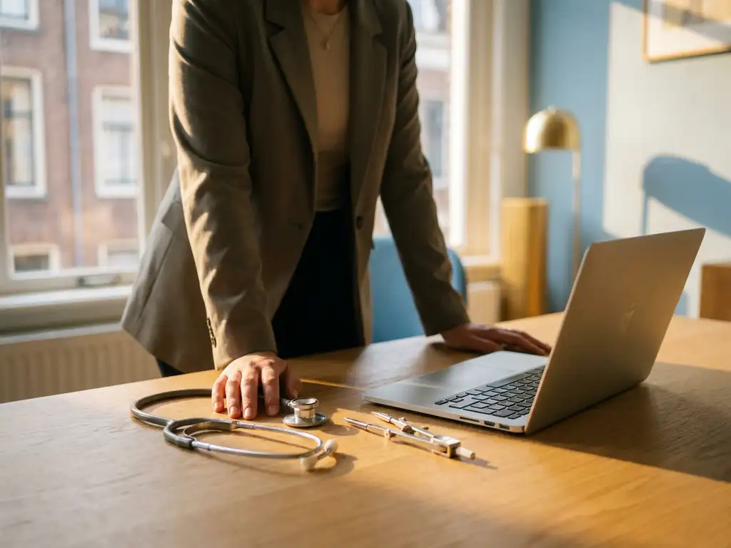 Young professional at an oak desk with stethoscope, drawing tool and laptop as symbols of three career paths, warm morning light.
