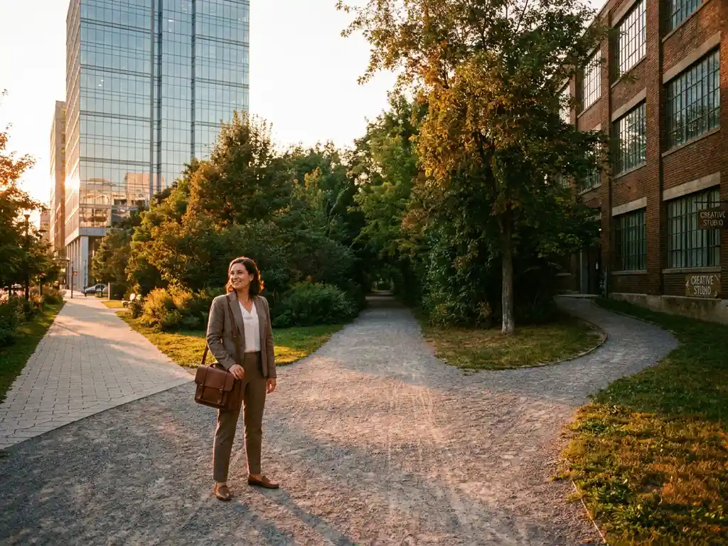 A self-assured professional at the junction of three paths in a sunny city park, with a view of a glass-fronted office block, a creative studio and the natural surroundings.