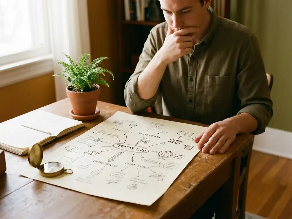 Young professional studies hand-drawn mind map of career paths at wooden desk surrounded by compass and notebook.