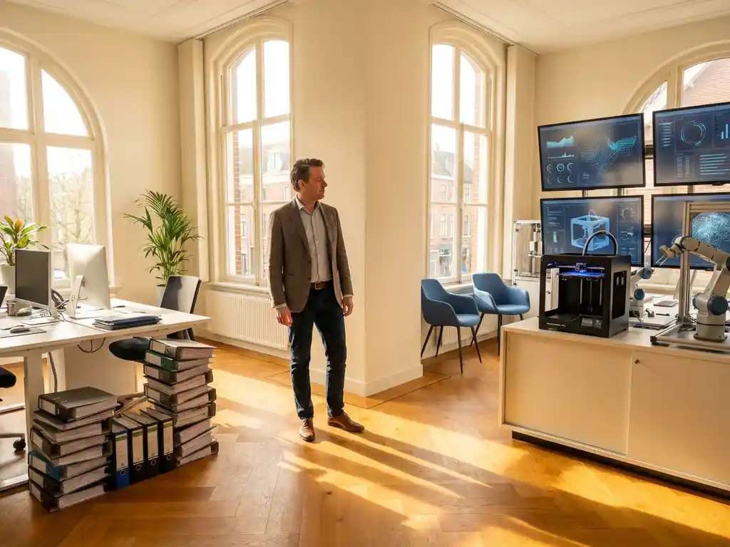 A professional in their 30s at a crossroads between two career paths in a modern office in Utrecht, with warm golden light streaming through large windows.