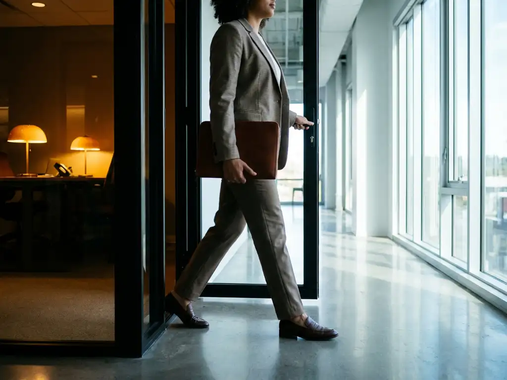 Professional in business attire steps through glass door from dark workspace into bright modern office corridor, portfolio under arm.