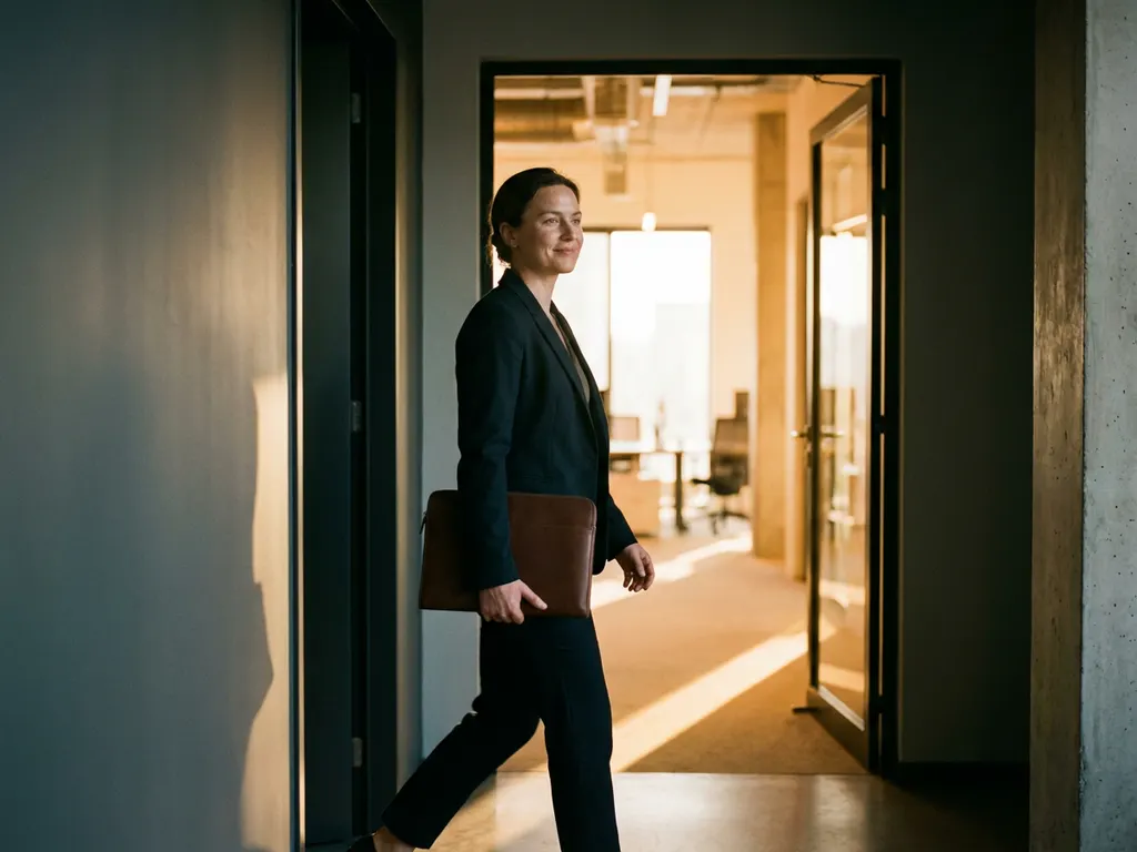 Professional with leather portfolio bag steps through an illuminated doorway into a modern office, symbolising a new career start.