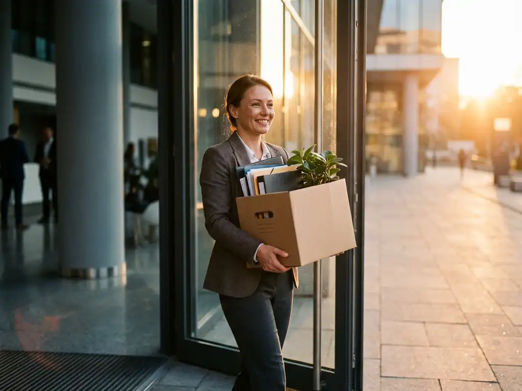 Professional walks out with full moving box through glass officeردeur, warm golden evening light, hopeful new start.