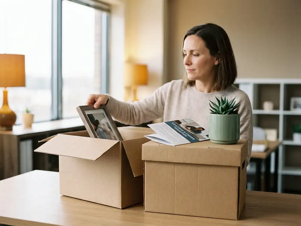 Woman packs personal belongings into cardboard box in office, with green plant and coaching brochure, symbolising new start.