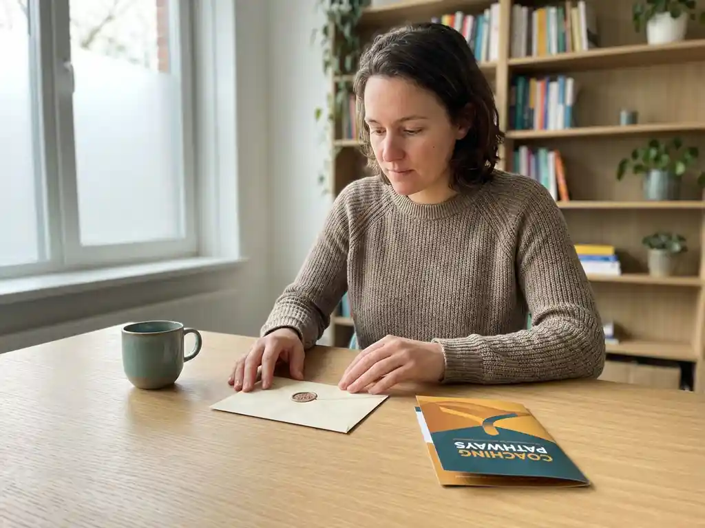 Persoon aan houten bureau met handen op ongeopende officiΓ«le envelop naast koffiemok en coachingbrochure, Utrecht.