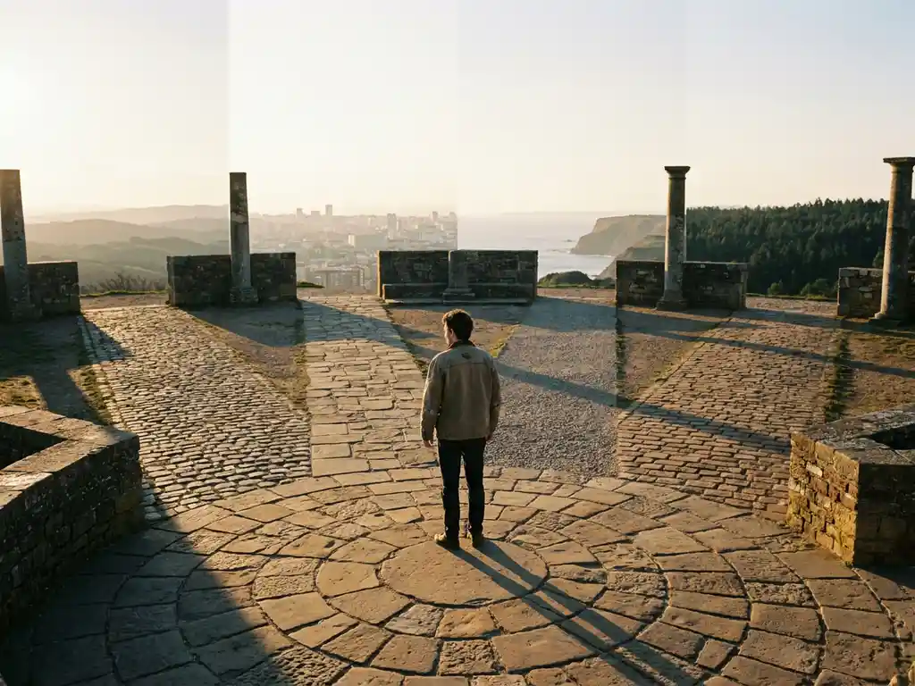 A person stands on a sunny stone square with four paths radiating outwards; golden light casts long shadows across the paving.