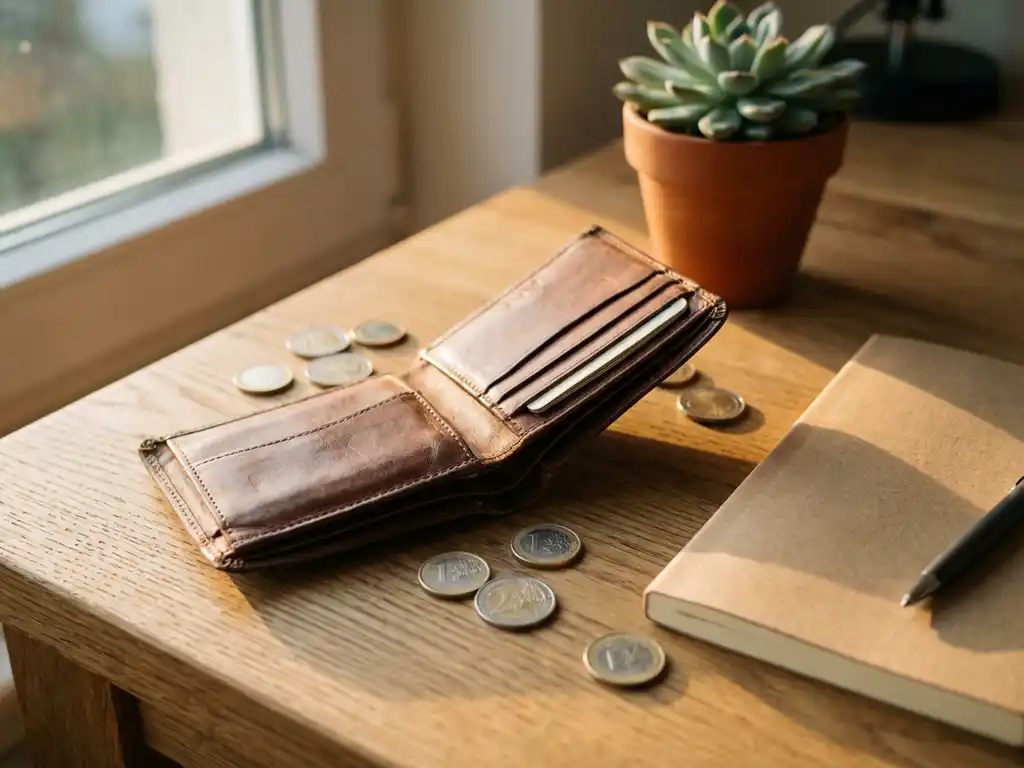 An open leather wallet on an oak desk, with euro coins, a notebook and a pen, bathed in a warm, golden light.