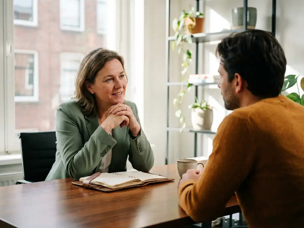 A coach and client in conversation at a wooden desk with a notebook and coffee, warm natural light, a modern office in Utrecht.