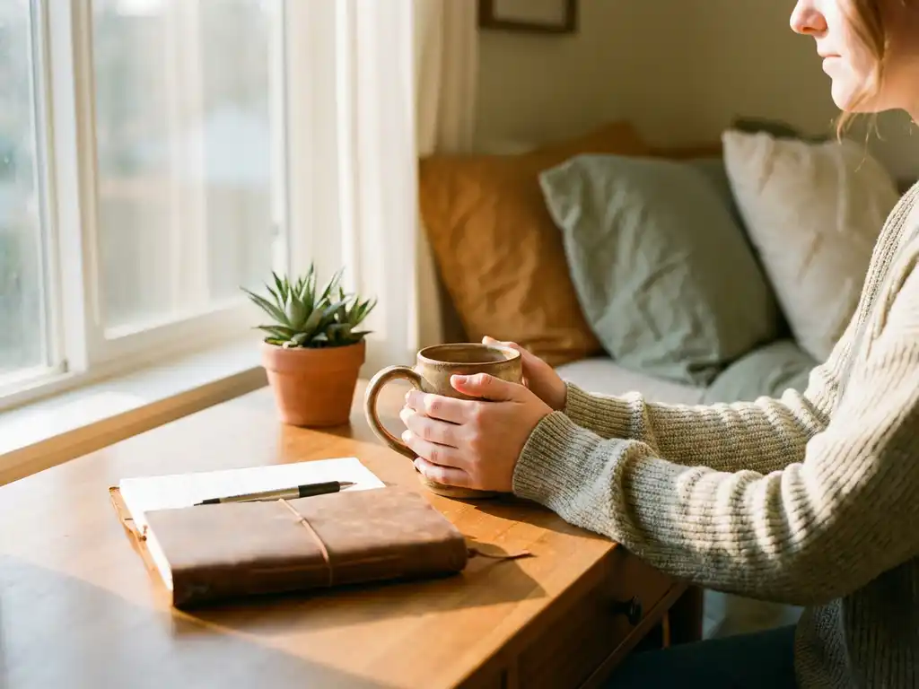A person sitting at a sunny wooden desk, hands clasped around a warm mug, an open diary and a small green plant, all bathed in warm natural light.
