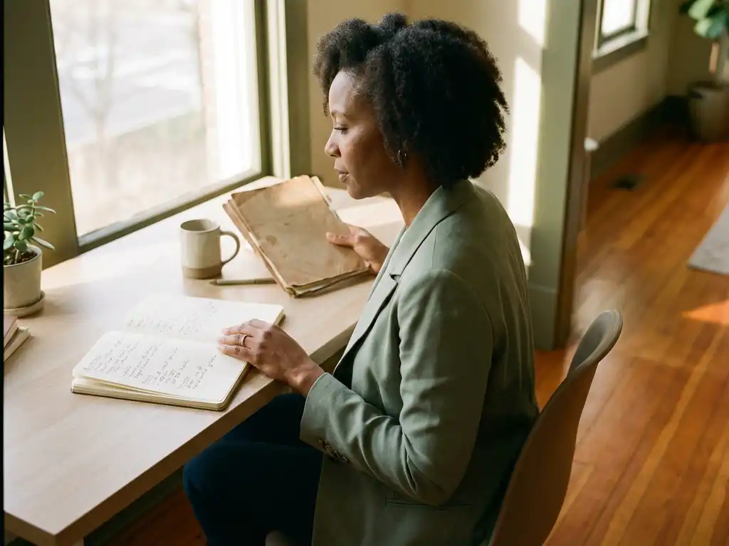 A professional woman sitting at a wooden desk with a notebook full of goals and a folder containing her qualifications, in the warm morning light in Utrecht.