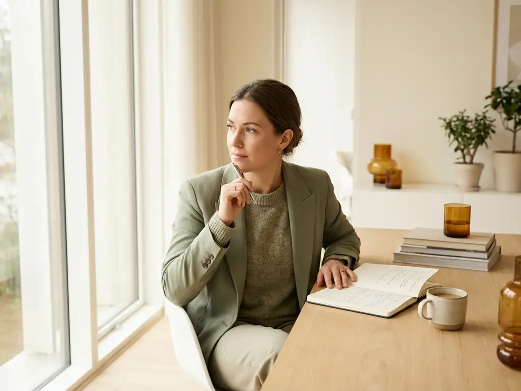 A woman lost in thought at a modern desk with an open notebook and a cup of coffee, soft natural light streaming in through the window.