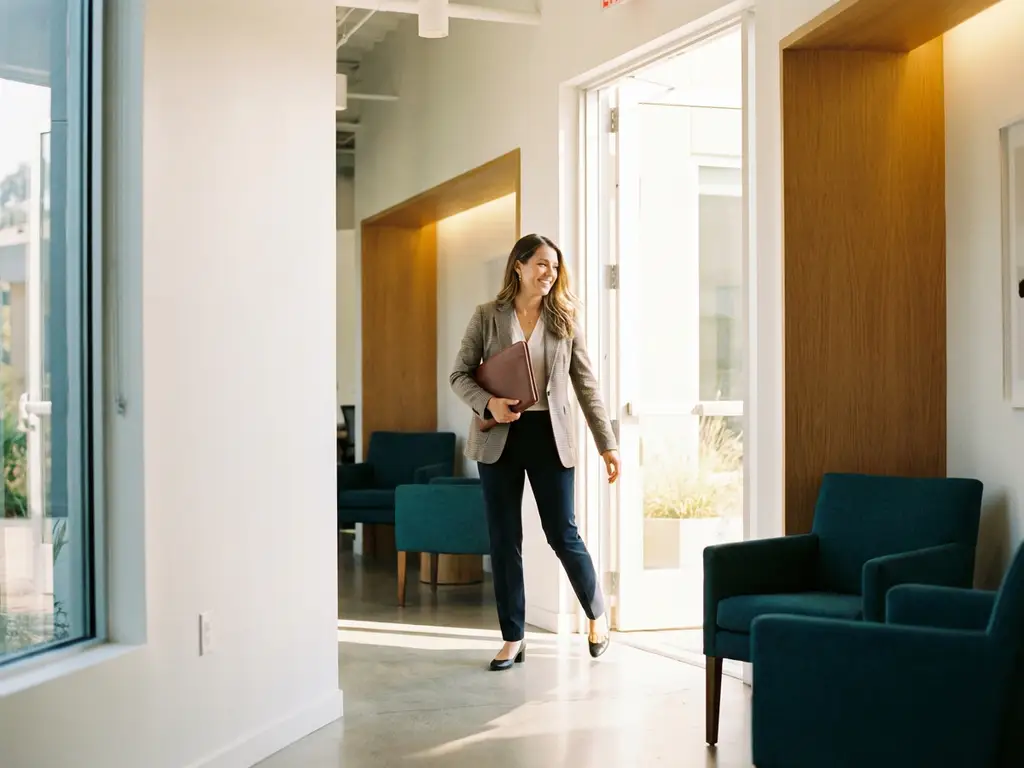A woman carrying a leather briefcase strides confidently through a brightly lit doorway into the corridor of a modern coaching office.