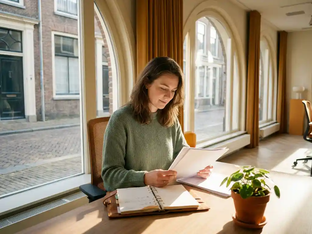 Vrouw bekijkt documenten aan modern bureau in Utrecht-kantoor, met opengeslagen planner en groene plant in warm natuurlijk licht.