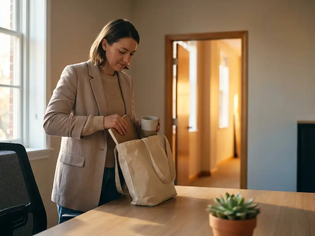 Woman packs personal items in canvas bag at office, open door with warm light in background symbolises new start.