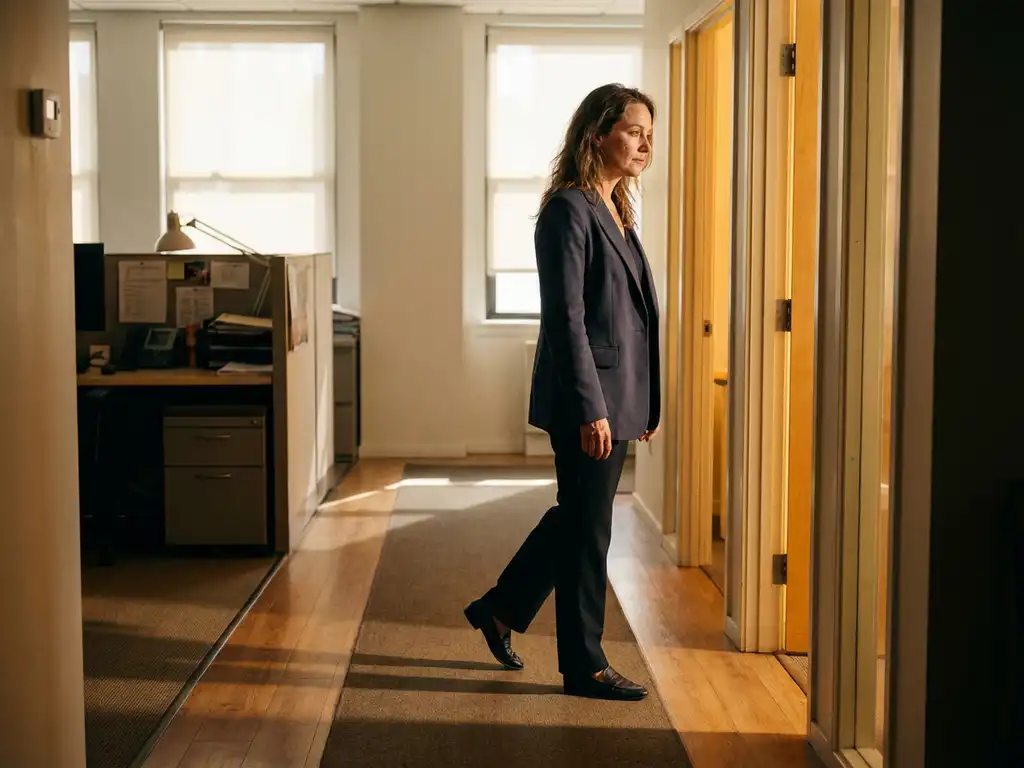 A woman in an office corridor at the junction between a familiar desk and an open door bathed in golden light, with soft, natural lighting.