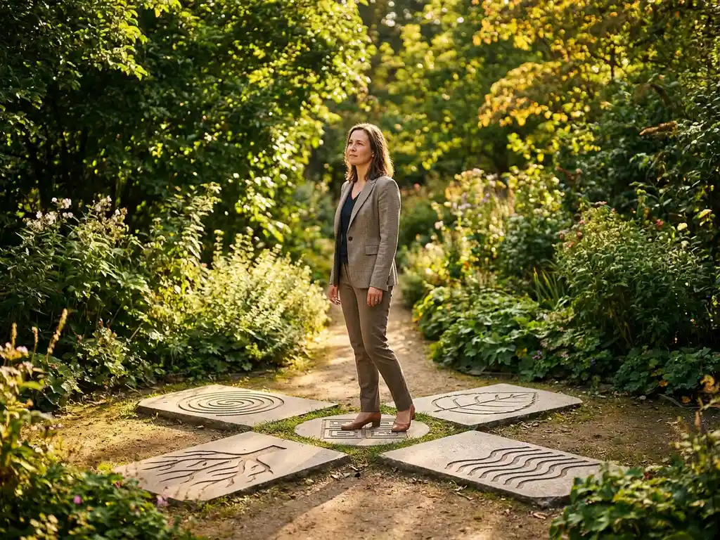 Woman at an intersection of five stone paths in a lush garden, pondering silently in warm sunlight among green leaves.