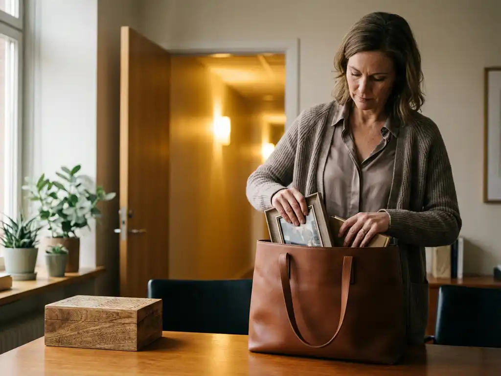 Woman packs personal items in leather bag from office desk, in background an open door with warm golden light.