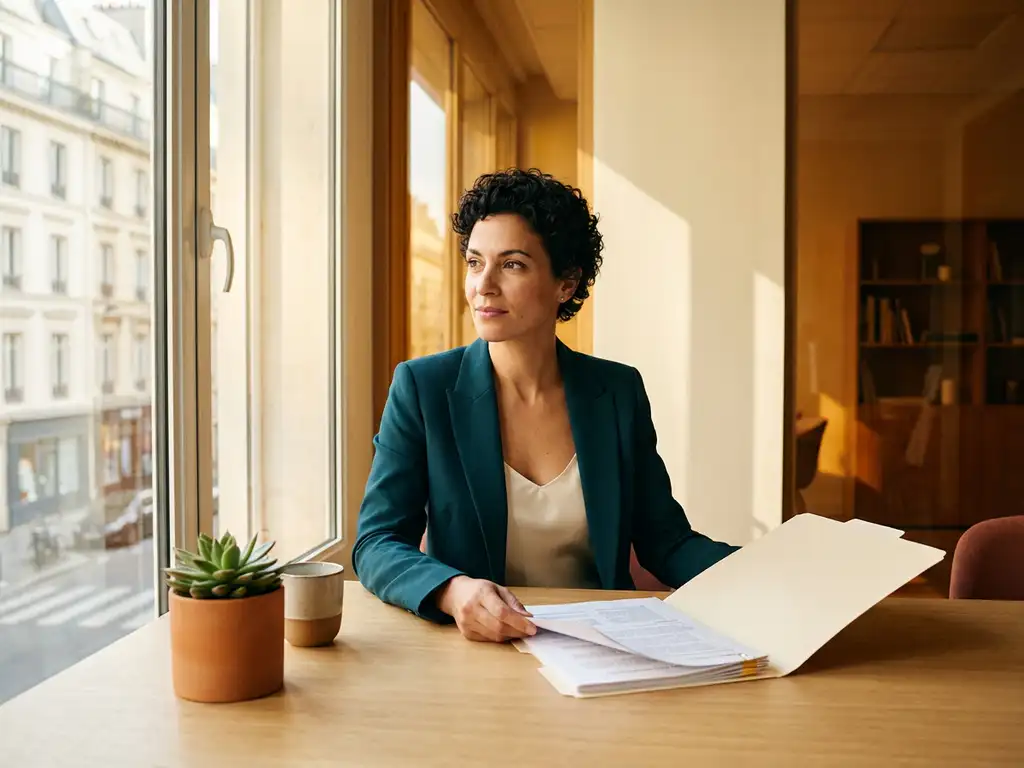 A businesswoman in an office in Utrecht is looking through a folder by the window, bathed in warm natural light, with a small pot plant on her desk.