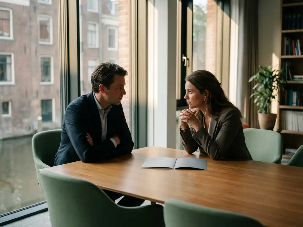 A professional and a manager engaged in a tense discussion at a modern office desk, with an unopened training brochure lying between them, Utrecht.
