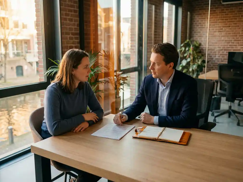Employer and employee discuss formal document and planner at modern desk in bright office in Utrecht.