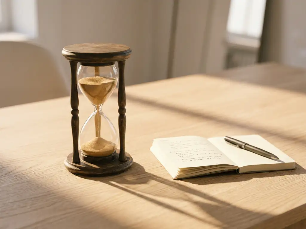 An aged wooden hourglass on a modern desk, with sand flowing through it, a notebook lying open and a pen, all bathed in warm afternoon light.