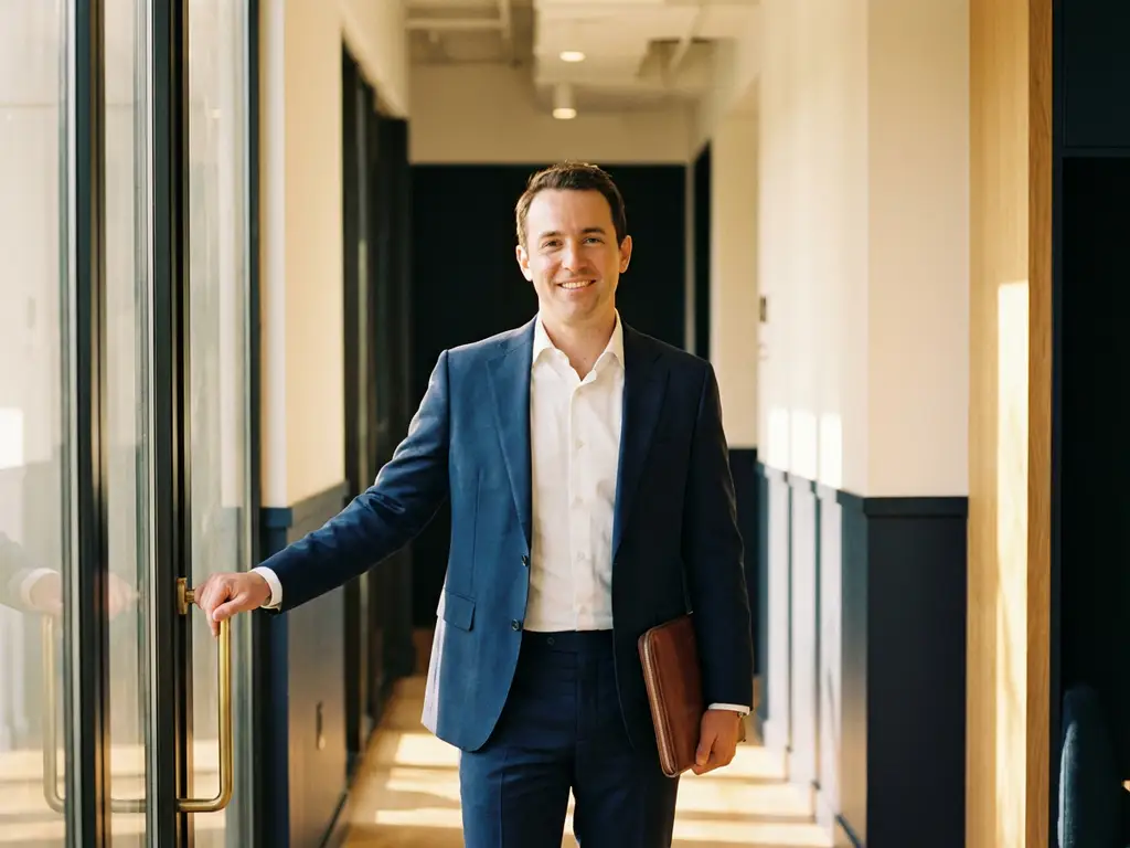 A professional carrying a leather portfolio steps through a brightly lit doorway into a modern office corridor, warm golden light spilling onto the threshold.