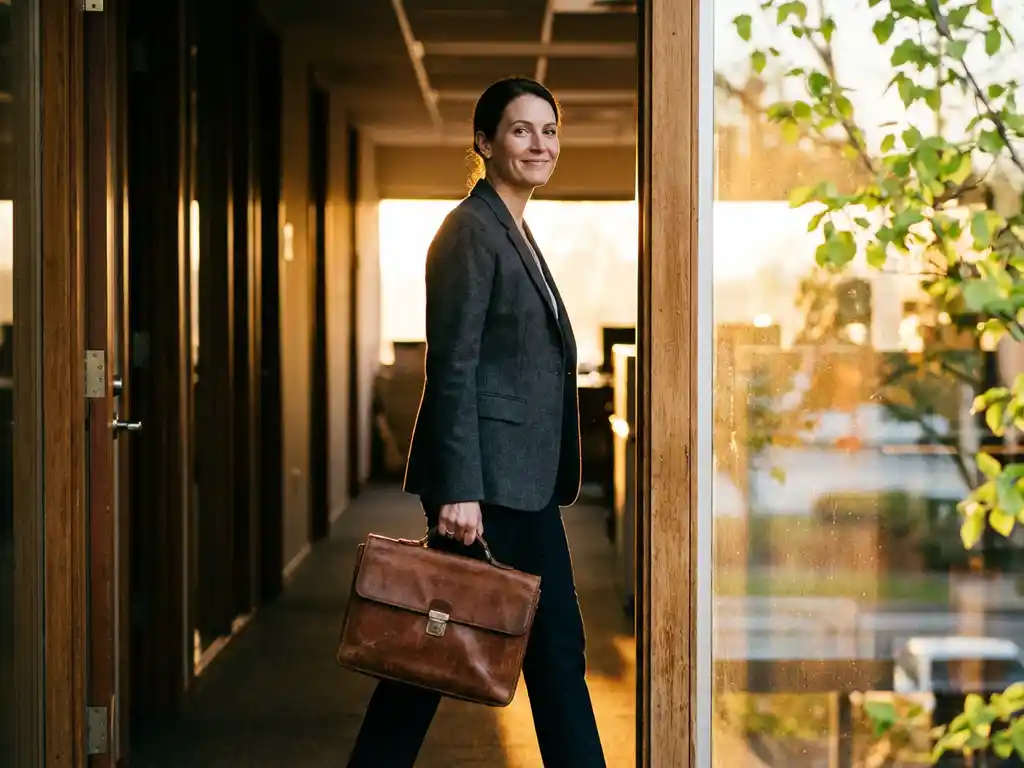 Professional with worn leather briefcase steps out through a bright doorway, warm golden sunlight and green foliage visible.