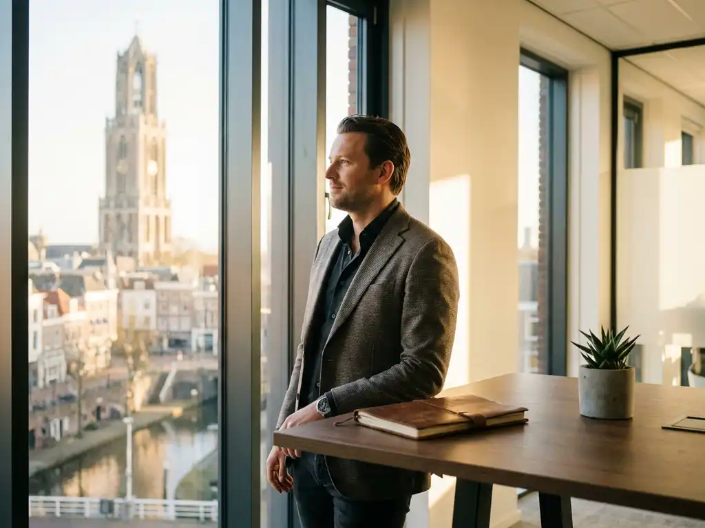 Professional stands relaxed by a sunny window in a modern Utrecht office, with leather notebook and succulent plant on the desk.