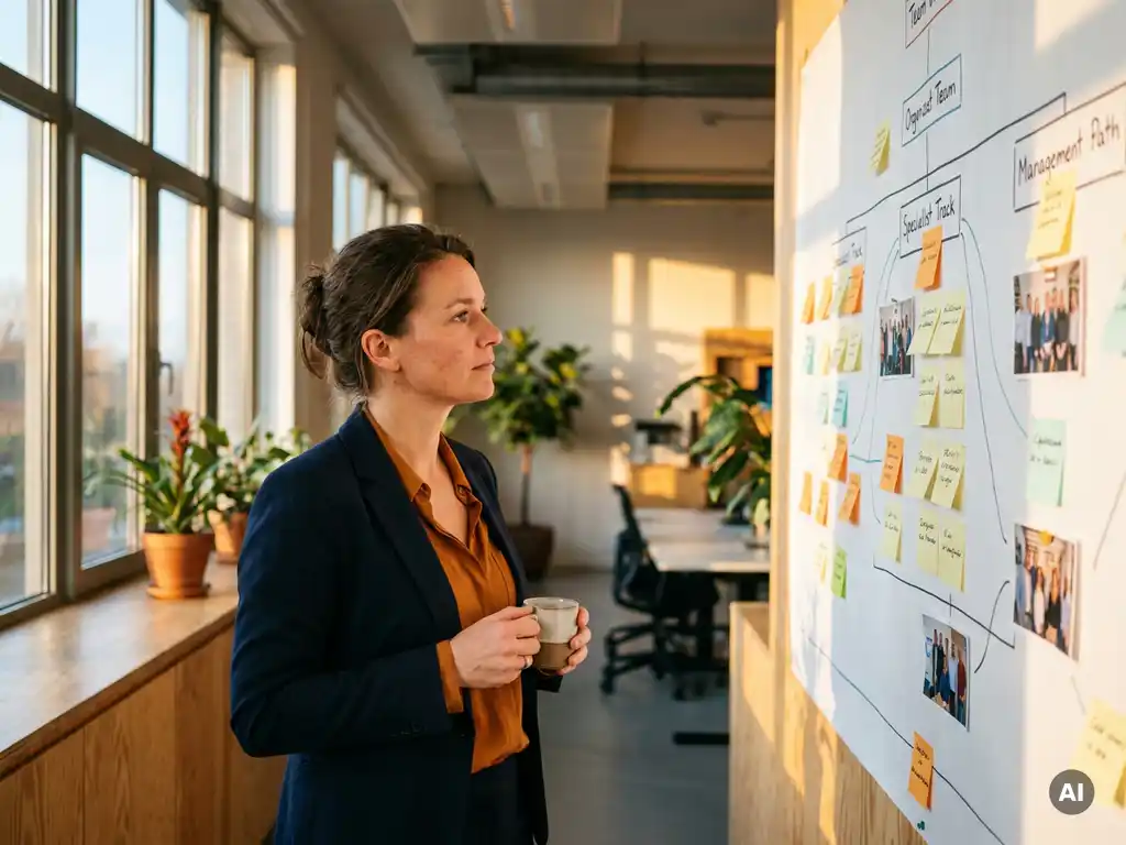 HR-professional bestudeert groot wandorganigram met loopbaanpaden, omringd door sticky notes en teamfoto's in zonnig Utrecht kantoor.